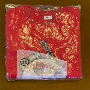 Bright Red Short Sleeve Tee with Ornate Gold Design